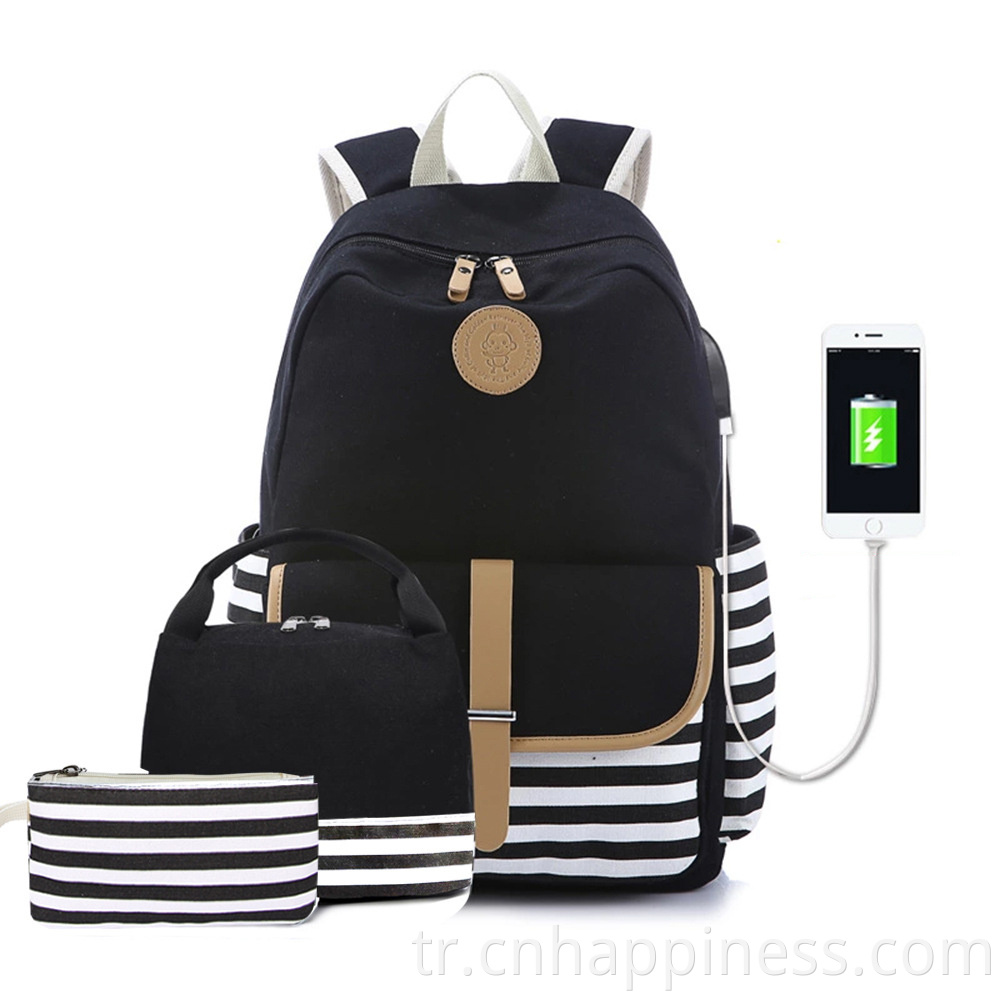 Amazon sıcak satış katlanabilir usb şarj unisex okul çantası göbek mavi vintage pamuk tuval sırt çantası çanta seti